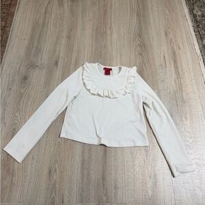 Girls White Ruffle-Trim Long Sleeve Top